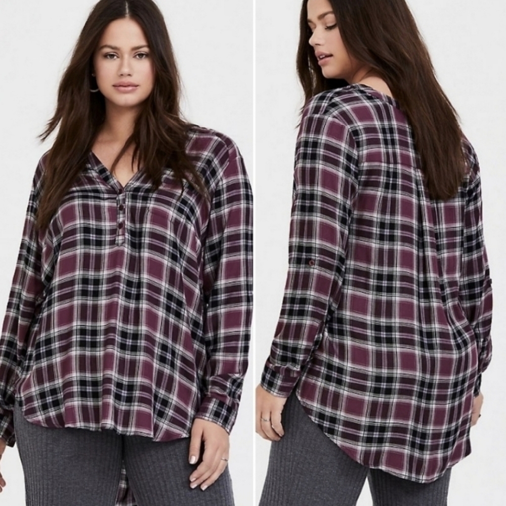 TORRID Purple Plaid Twill Pullover Tunic Blouse 1x